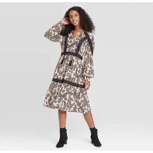 Knox Rose Women’s Long Sleeve Dress XL Boho Black Paisley Crochet Trim Prairie